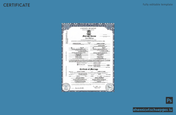 Heiratsurkunde des Kent County, Michigan, USA, im PSD-Format, vollständig bearbeitbar, Version 2 (Beispielvorschau)